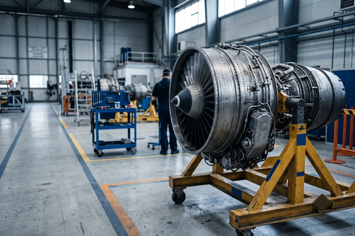 An engine in a shop bay.