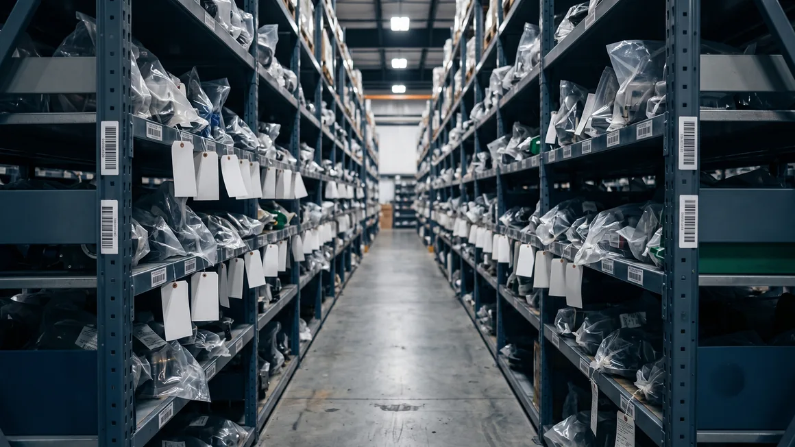 Rotable parts on warehouse racks.
